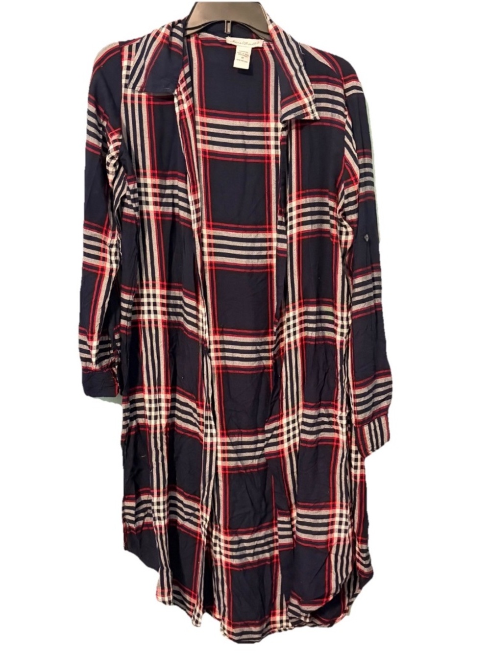 Keren Hart Plaid Shacket Open Front Long Sleeves Slit Sides Lightweight Long Med